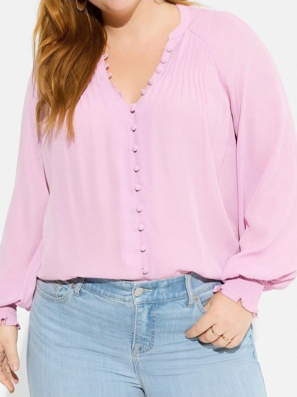 Torrid Pink Button Georgette Smocked Blouson Long Sleeve Blouse Torrid Size 3